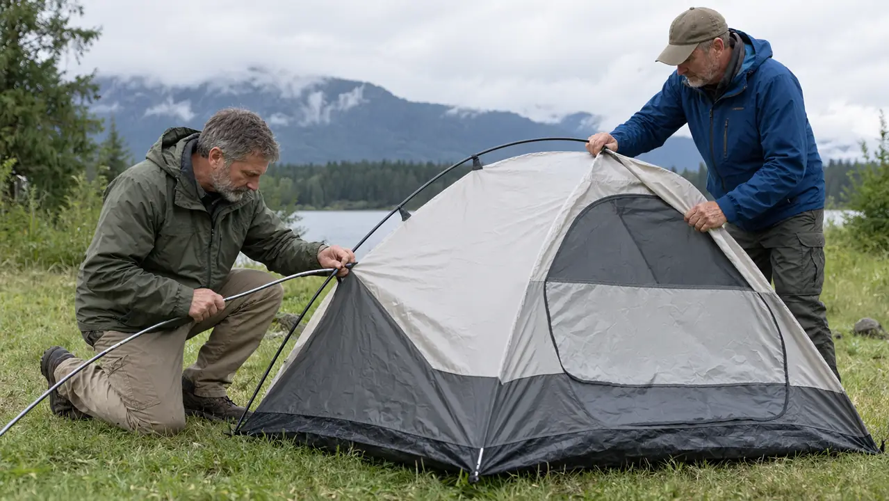 A person kneeling and pushing a pole through a sleeve on a dome tent while another person holds the tent fabric