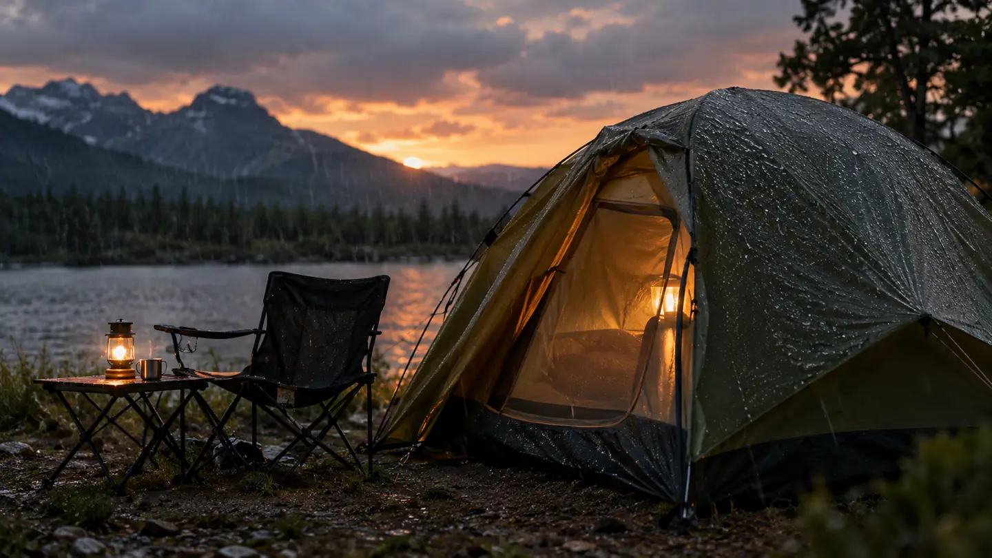 A dome tent standing firm in light rain at dusk, with a camp chair and a small table beside the tent