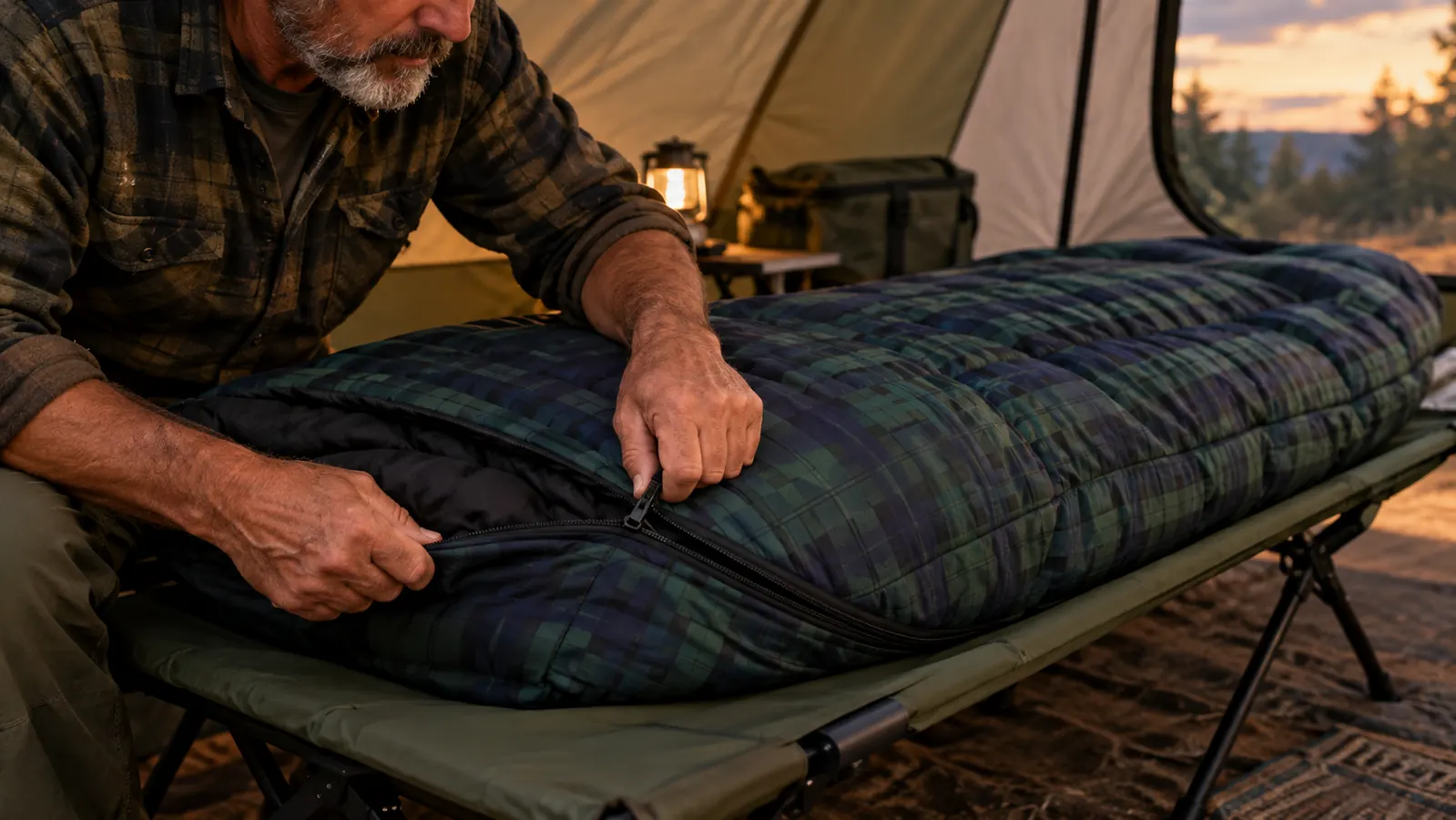 A hand zipping a flannel sleeping bag closed on a camp cot
