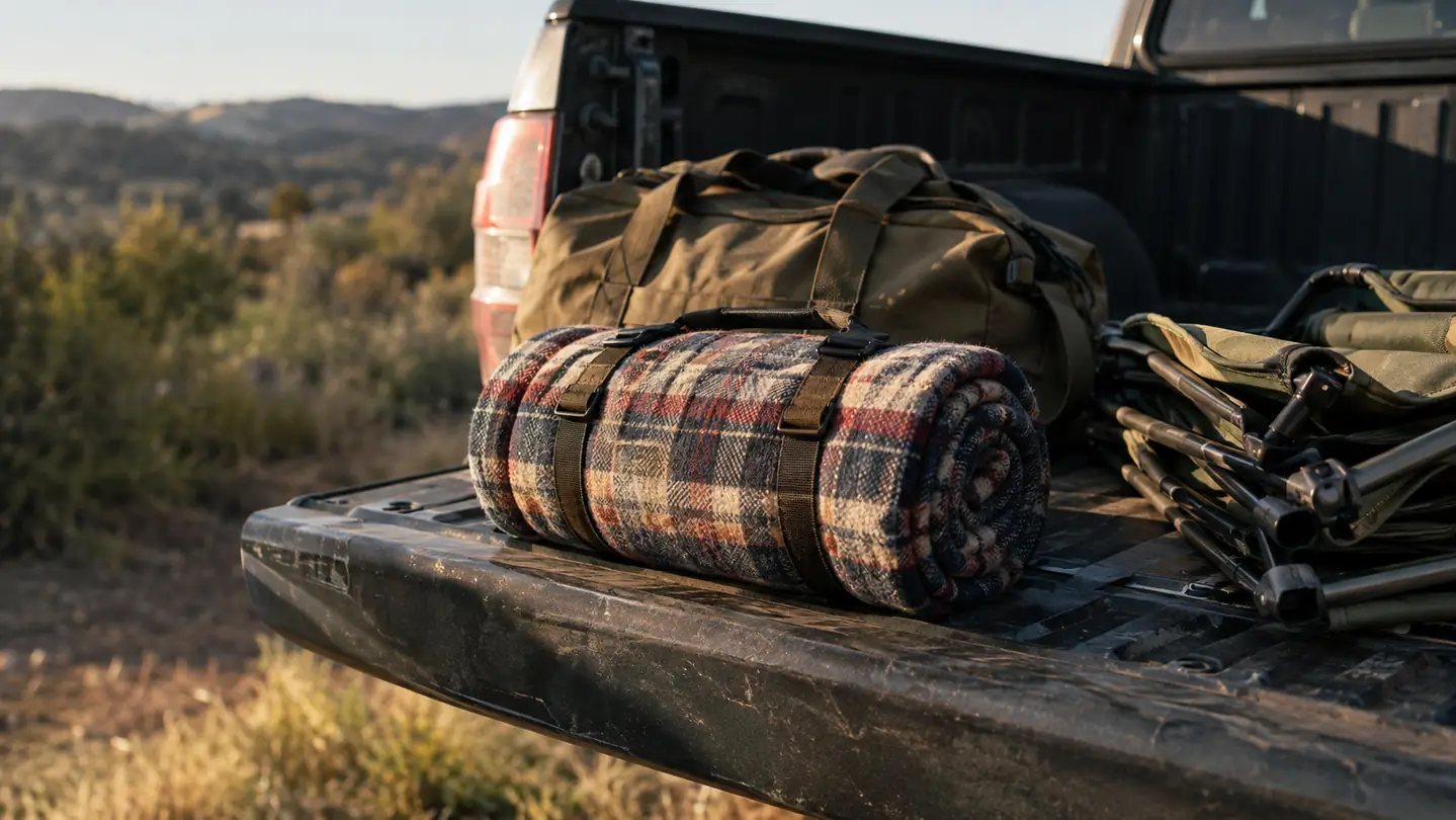 A flannel sleeping bag rolled and strapped on a tailgate beside camping gear