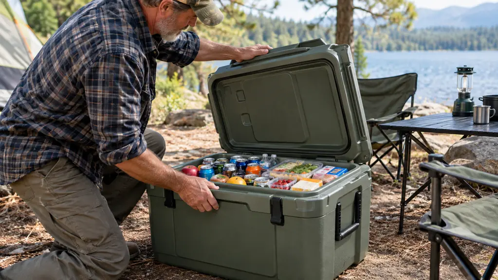 A person opening a hard cooler packed with food and drinks at a campsite
