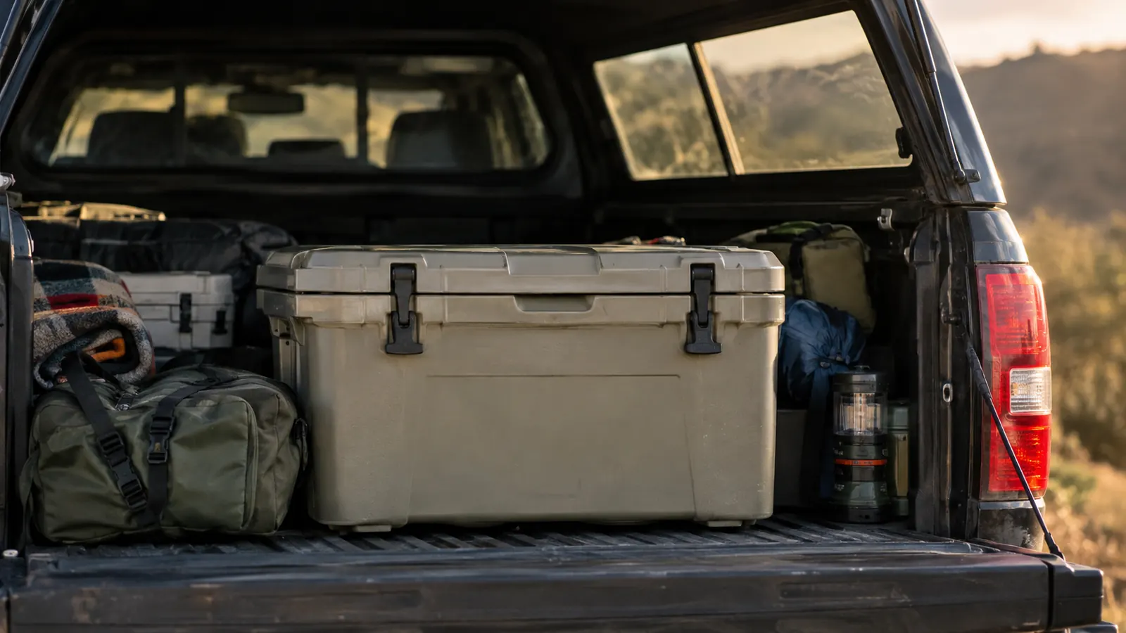 A large hard cooler in the back of a pickup truck with a bed cap, ready for a camping trip