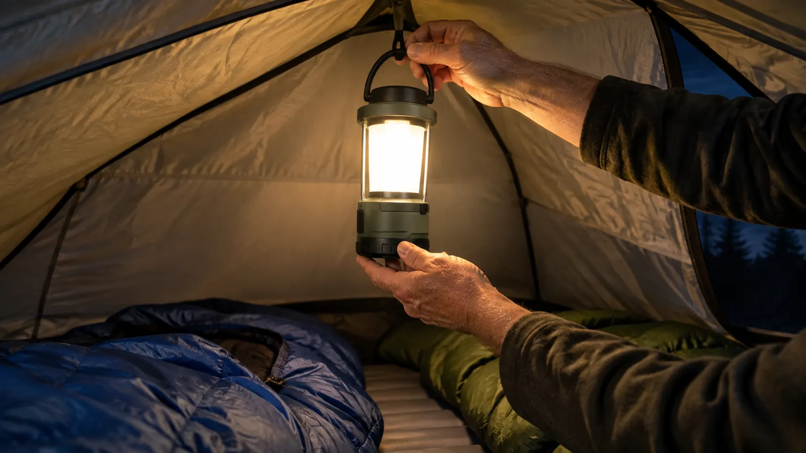 A hand hanging the camping lantern from a loop at the top of a tent while sleeping bags lie below