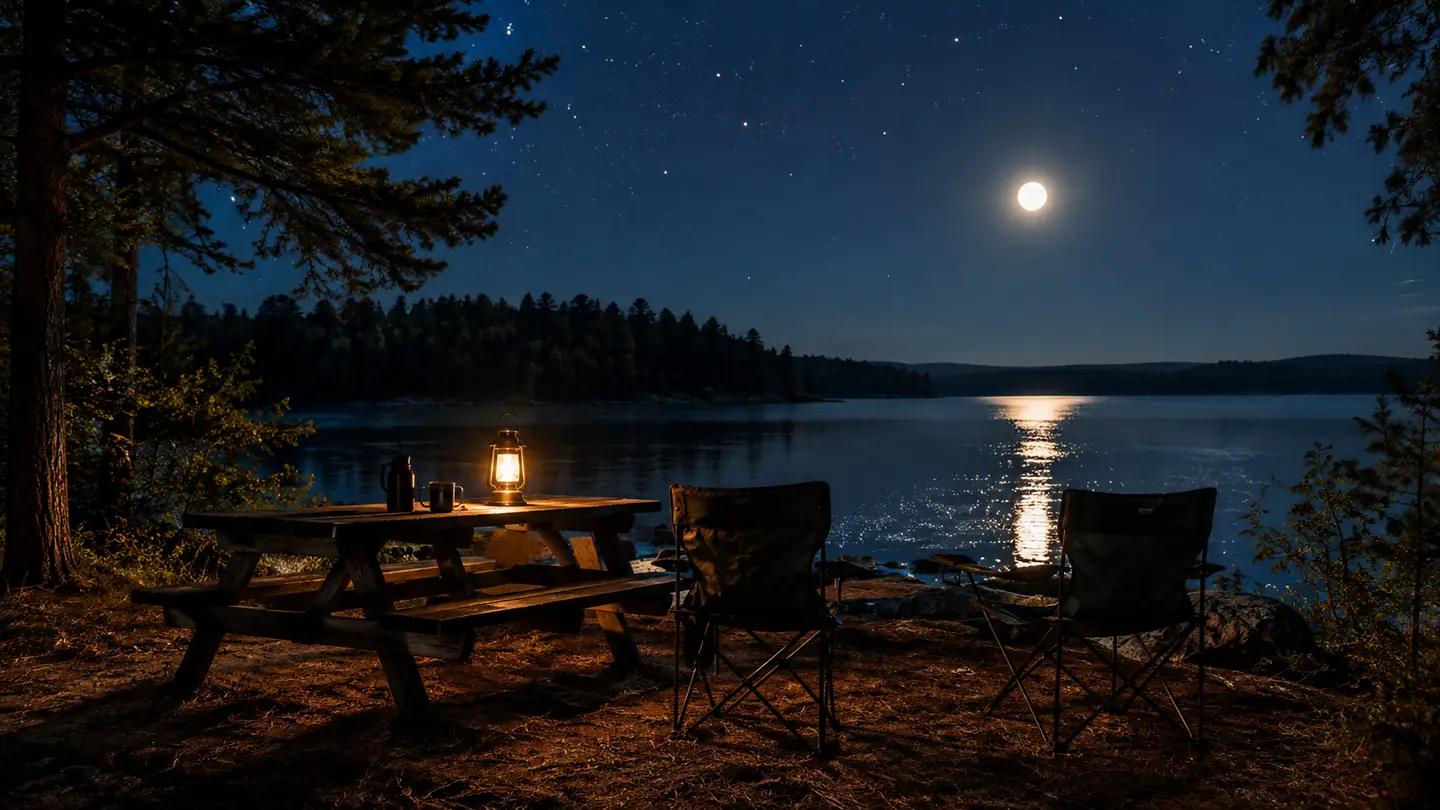 The camping lantern lighting a picnic table at night with two camp chairs and a moonlit lake behind