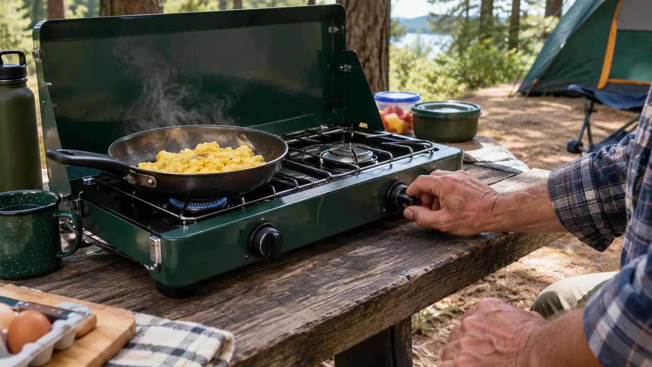 A hand adjusts the knob on a two-burner camp stove while a pan of eggs cooks on top at a campsite.