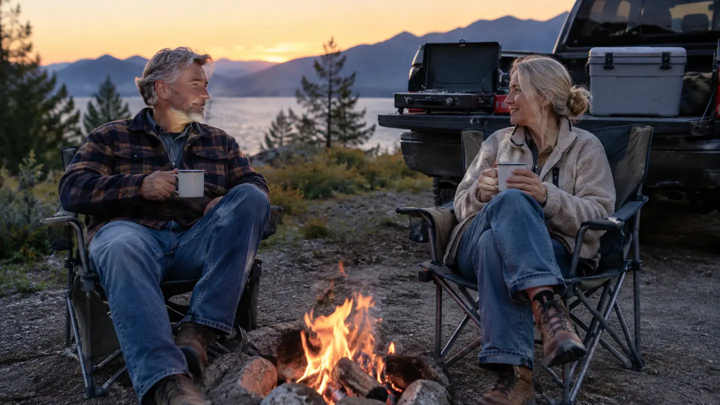 An older couple sits by a small evening campfire with coffee mugs while a camp stove sits on a pickup truck tailgate in the background.