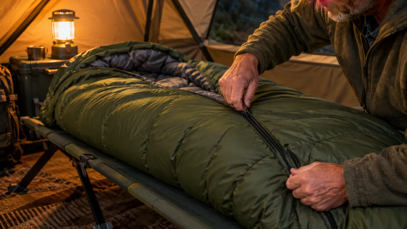 A hand zipping a large flannel sleeping bag closed on a camp cot inside a tent