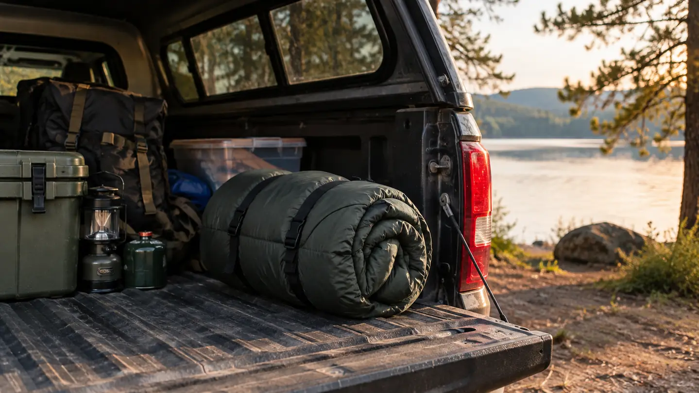 A large flannel sleeping bag folded and stored in the bed of a pickup truck with a bed cap