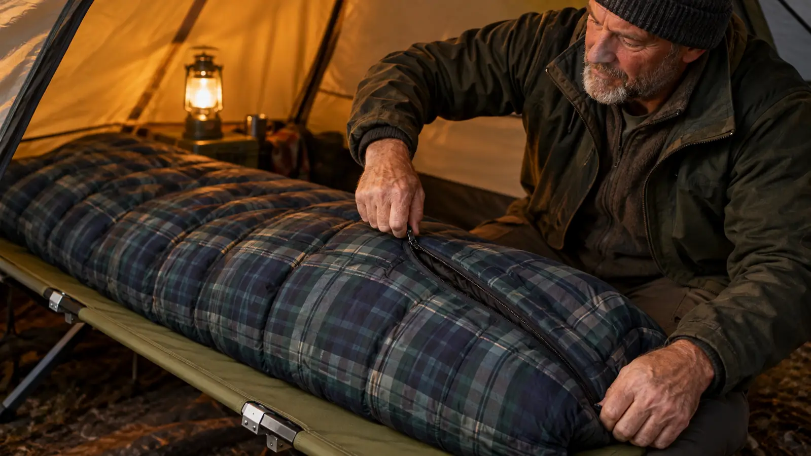 A hand zipping a flannel sleeping bag closed on a camp cot inside a tent