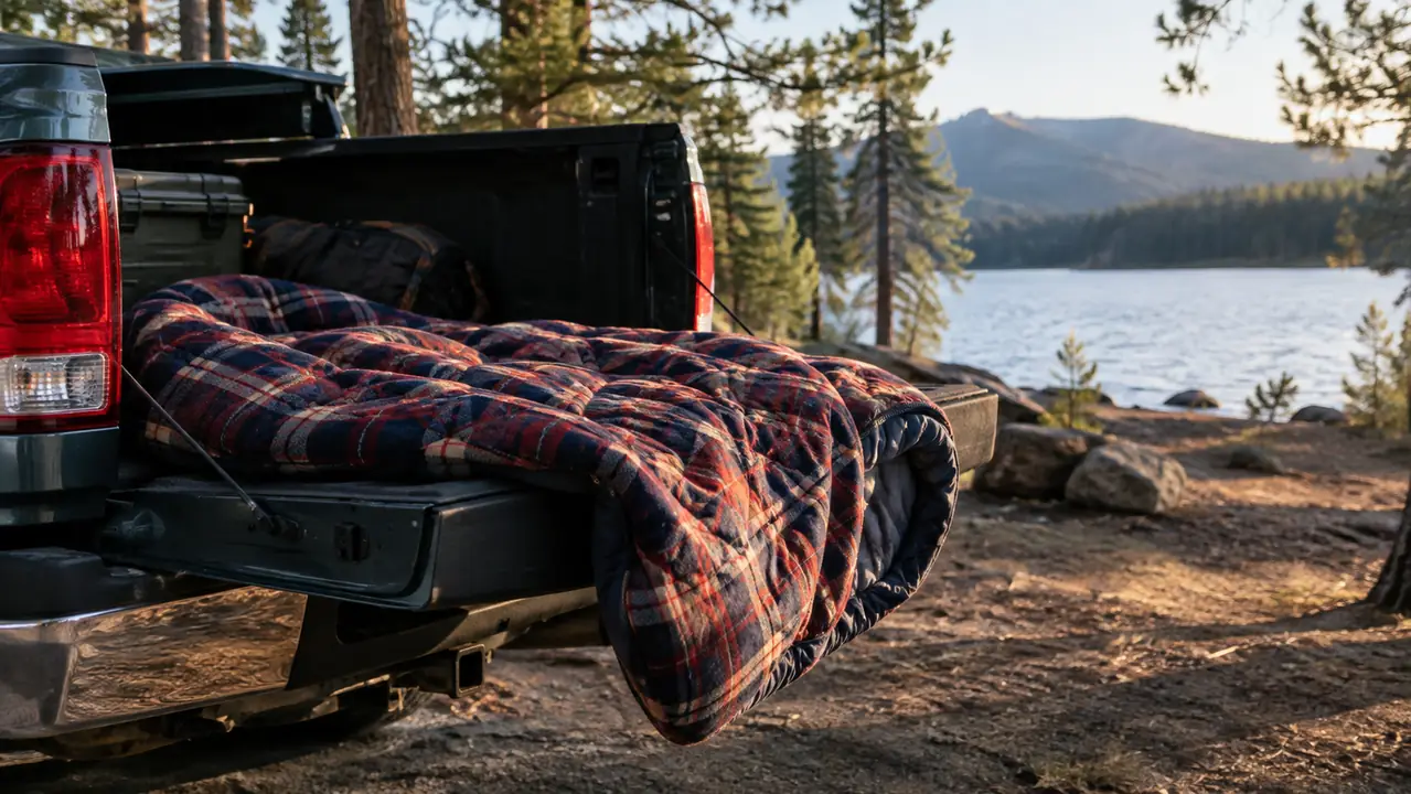 A flannel sleeping bag draped over the lowered tailgate of a pickup truck at a lake campground in late afternoon light