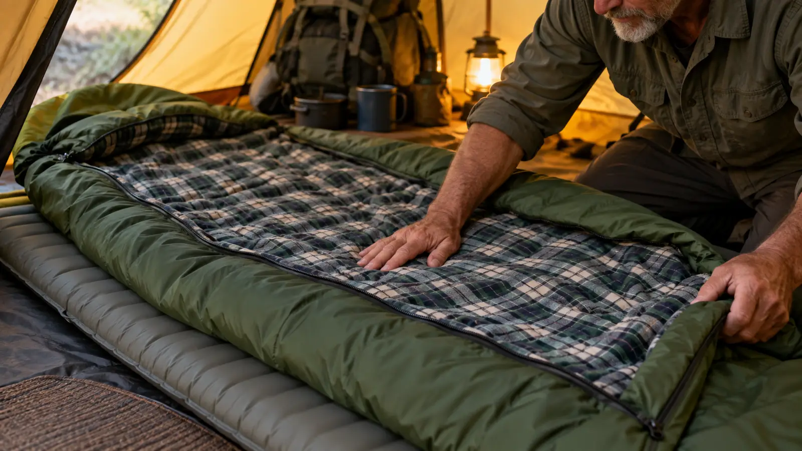 A hand smoothing the flannel lining of the sleeping bag spread out on a sleeping pad inside a tent