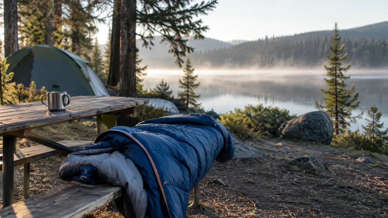 The sleeping bag airing over a picnic table bench in the morning with a steel coffee mug beside it and mist over a lake behind