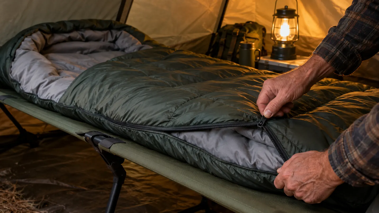 A hand unzipping a sleeping bag spread out on a cot inside a tent