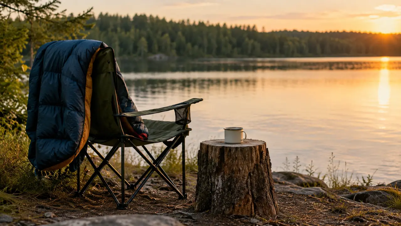 A folded sleeping bag draped over a camp chair beside a lake in the evening