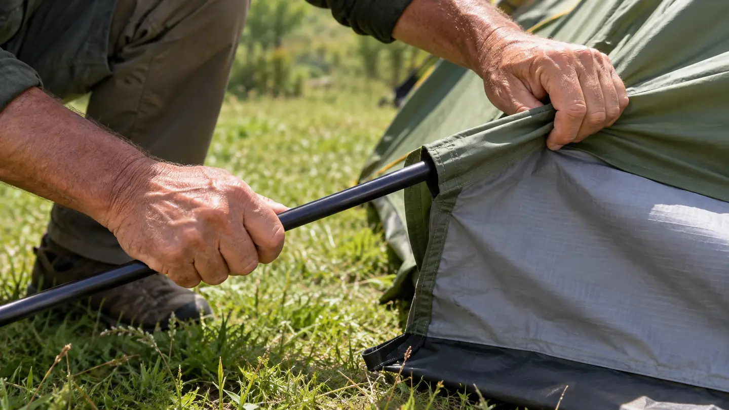 Hands guiding a dome tent pole through a sleeve on a grassy campsite
