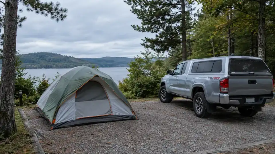 A dome tent set up on a gravel campsite near a pickup truck with a bed cap