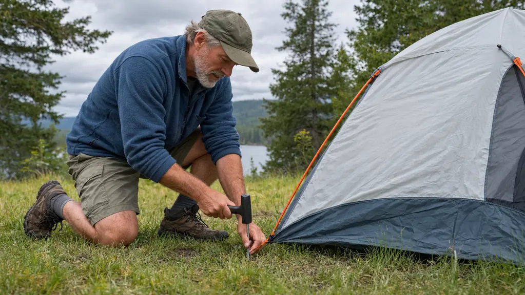 A person kneeling and staking down the corner of a dome tent at a campsite
