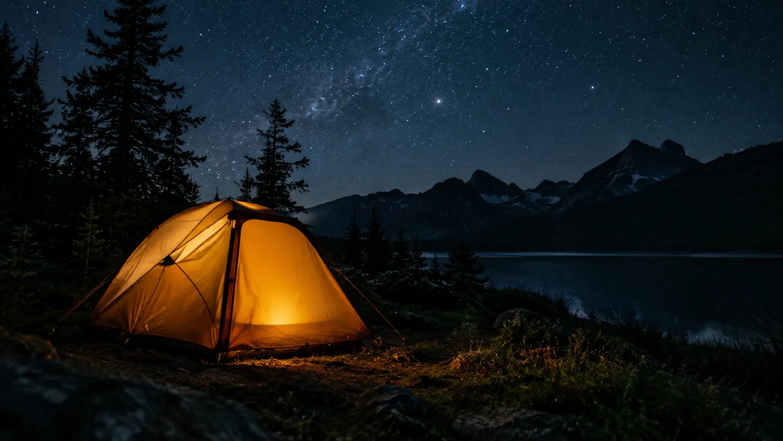 A dome tent glowing from a lantern inside on a dark campsite
