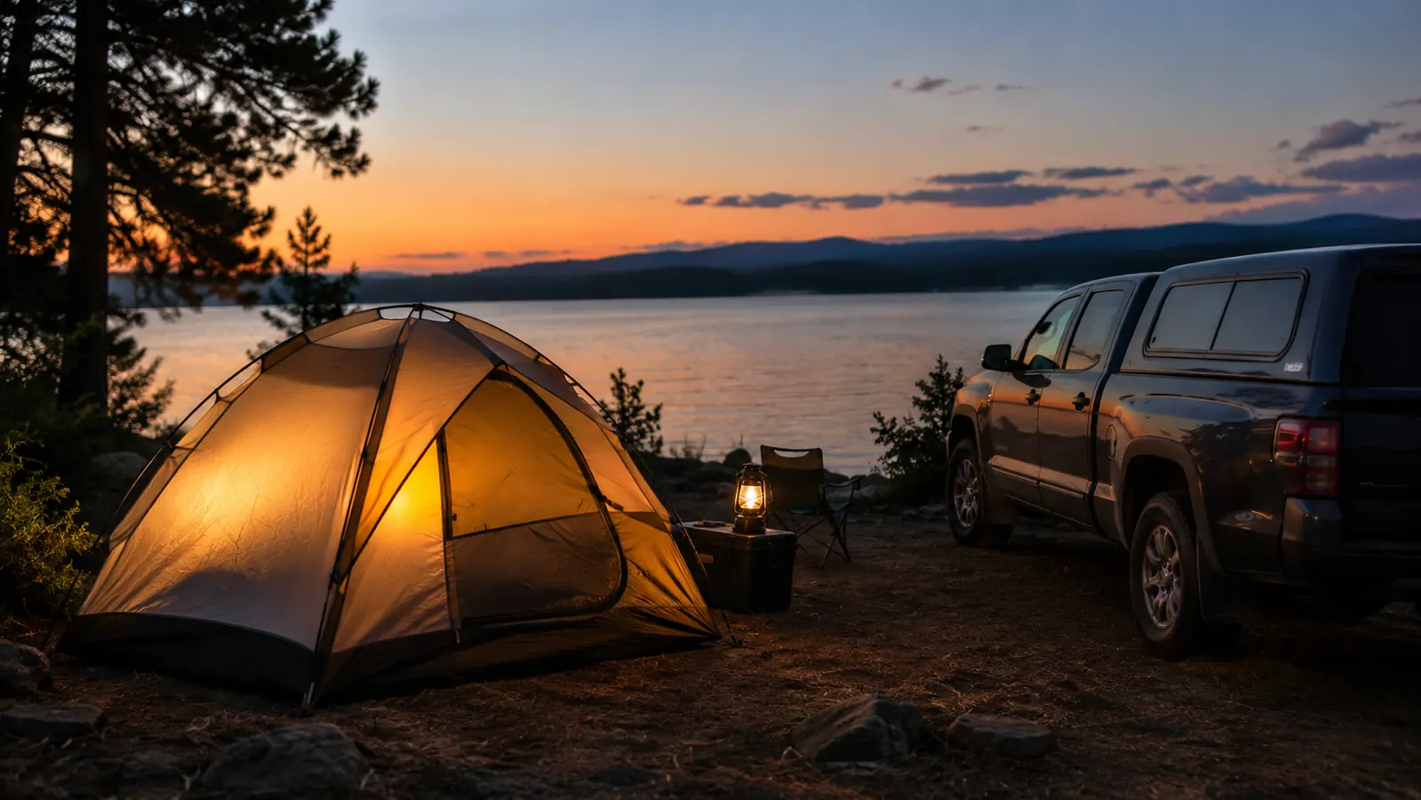A dome tent glowing from a lantern inside at dusk beside a pickup truck at a lakeside campsite