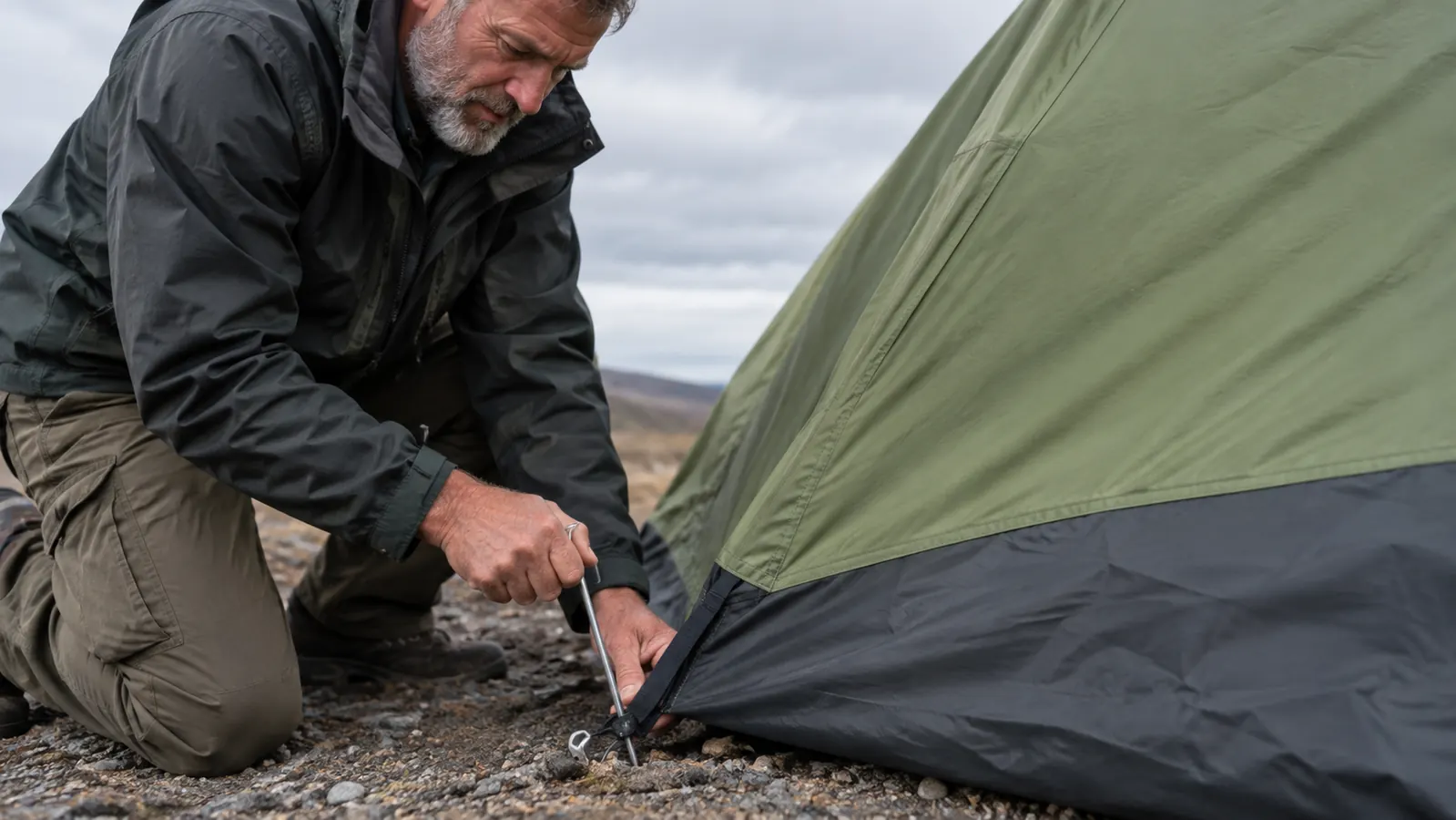 A person kneeling and staking the corner of a dome tent on a gravel campsite