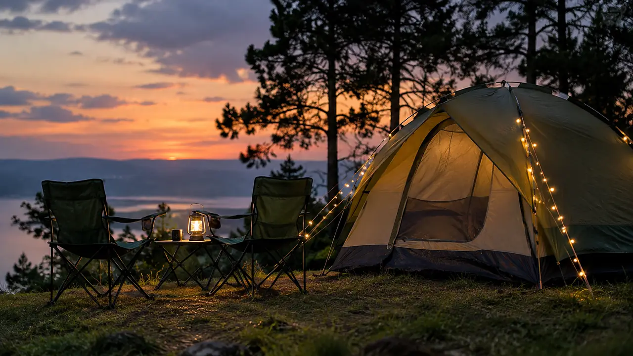 Two camp chairs and a lit lantern beside a dome tent at dusk on a state park campsite