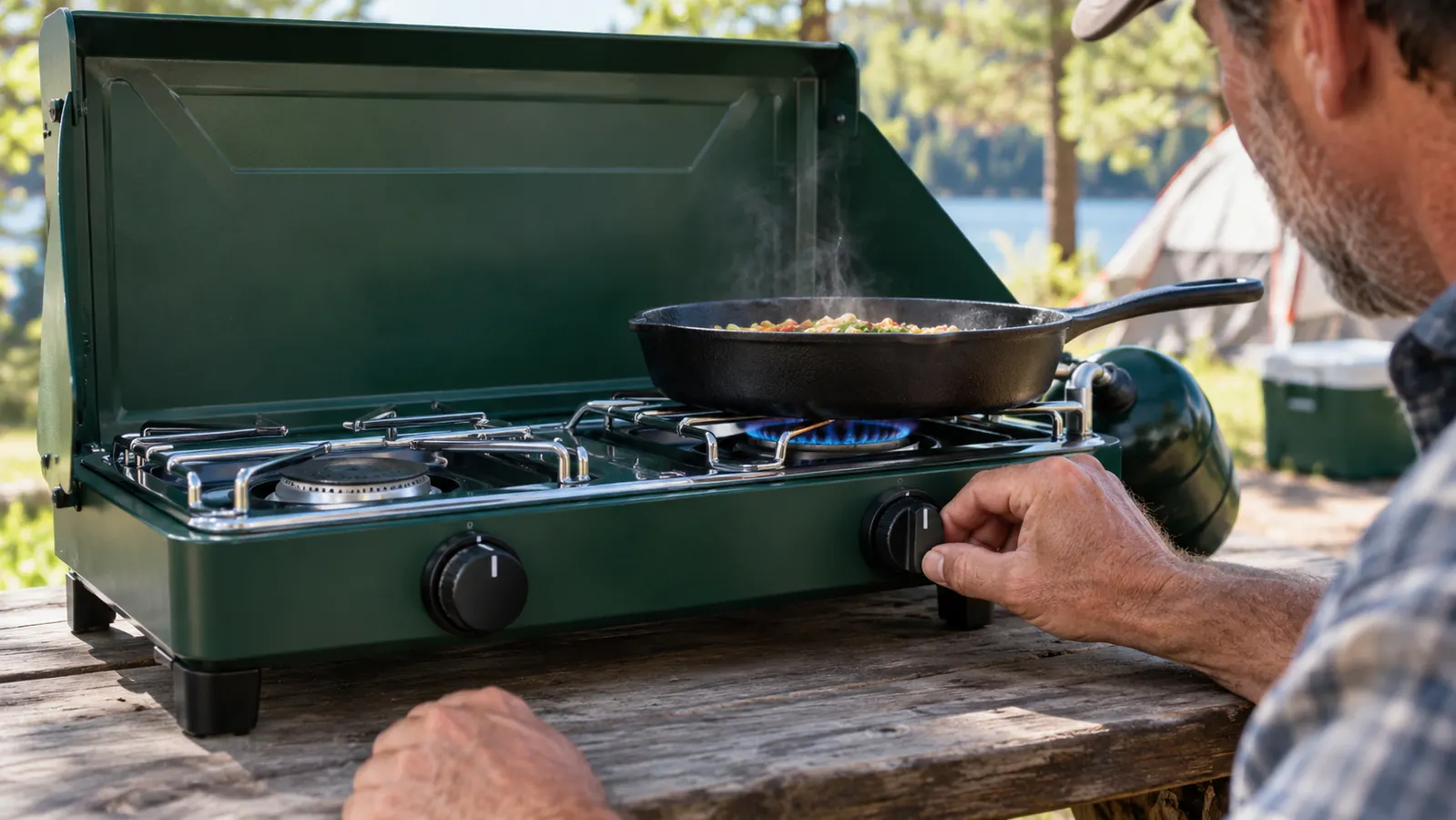 A hand turning the knob on a two-burner propane camp stove while a skillet warms on top.
