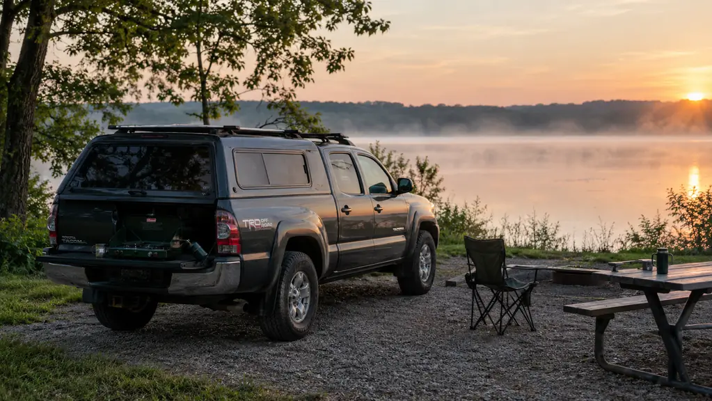 A pickup truck with a bed cap parked at a lake campground at dawn with a two-burner camp stove set up on the tailgate.