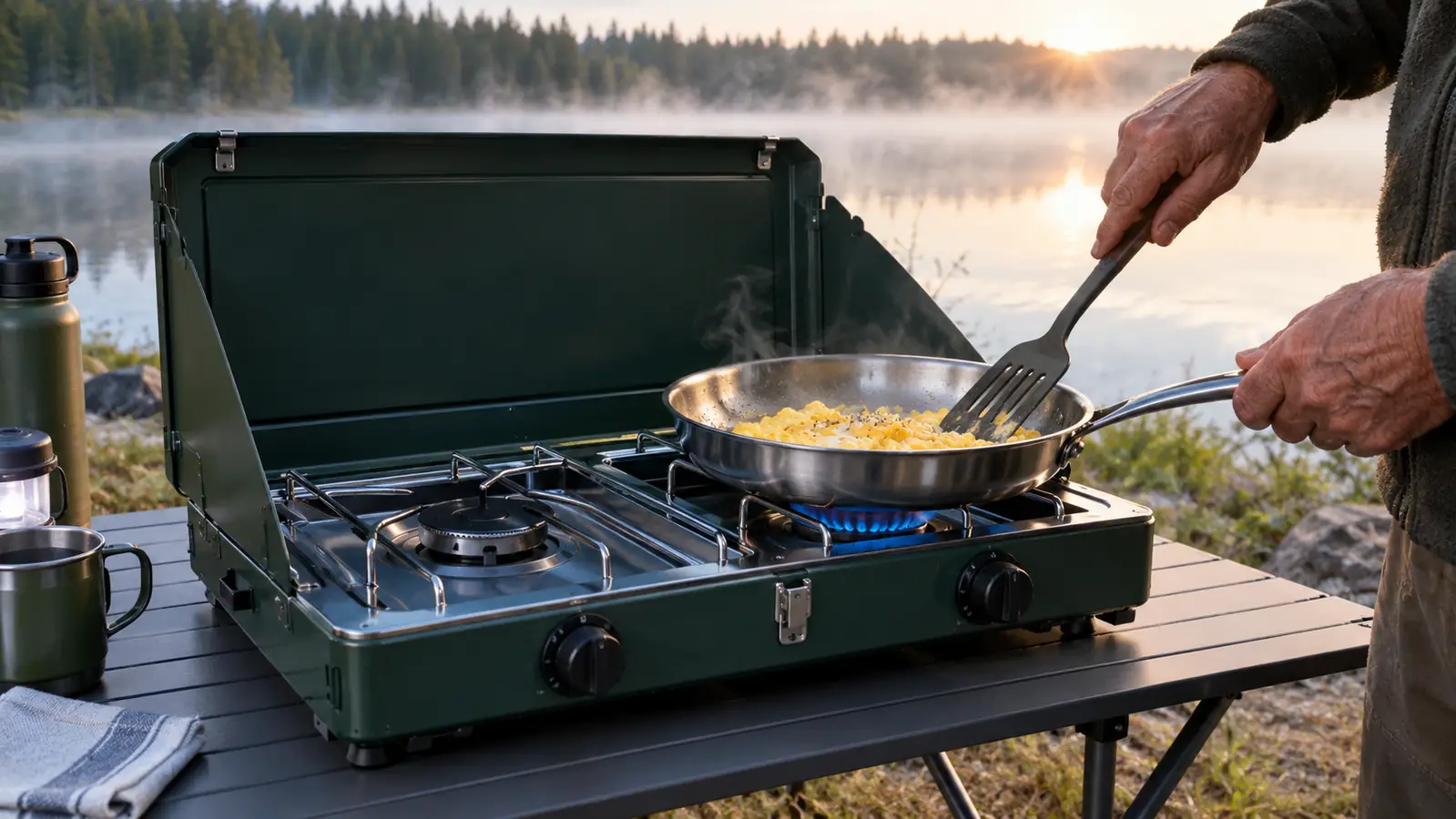 A stainless skillet with eggs cooking on a two-burner camp stove at a campsite table