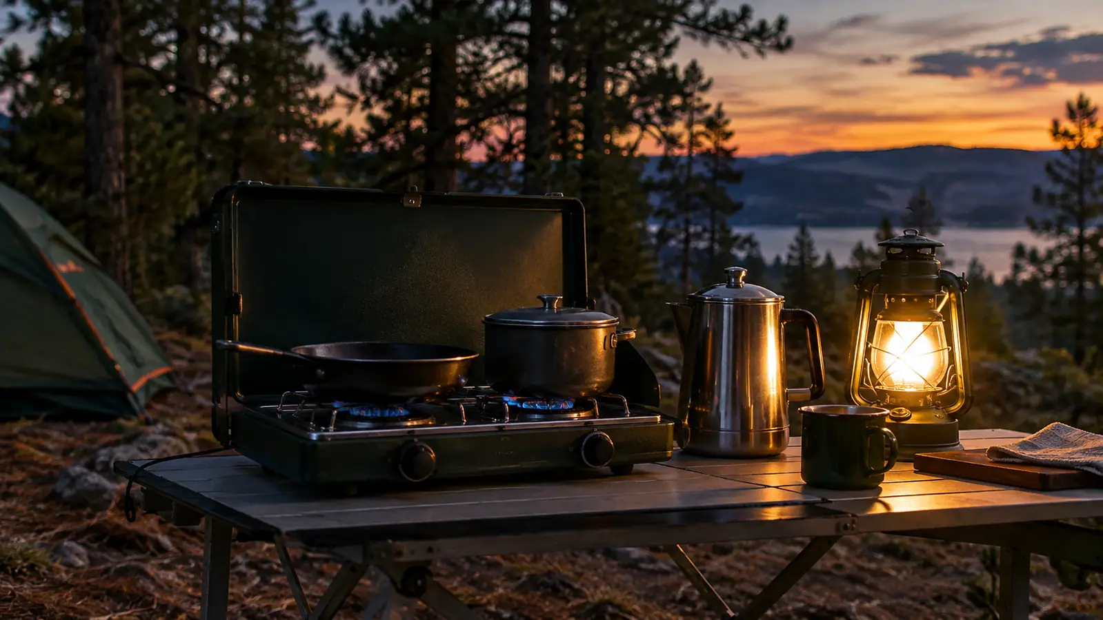 Campsite kitchen setup at dusk with a percolator coffee pot beside a camp stove on a folding table