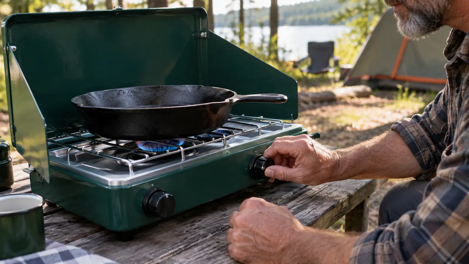 A hand turning the knob on a two-burner camp stove while a skillet sits on the grate
