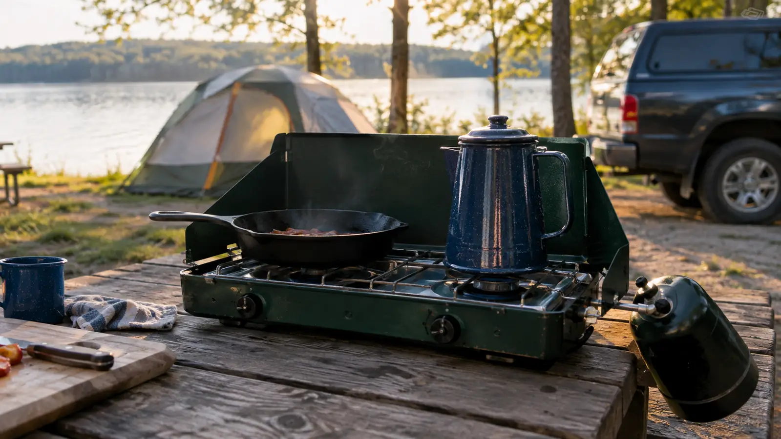 A two-burner camp stove on a picnic table at a lakeside campground in late afternoon light