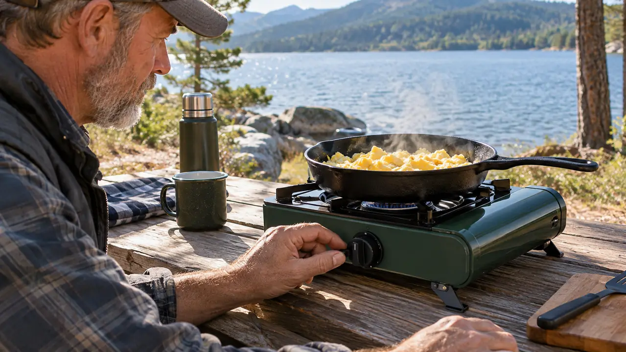 person cooking eggs on a two-burner camp stove at a picnic table by a lake in the morning