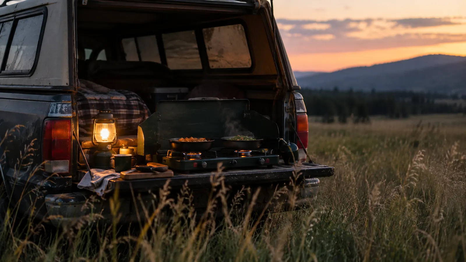 two-burner camp stove set up on a pickup tailgate at dusk, with two pans cooking and a camp lantern glowing