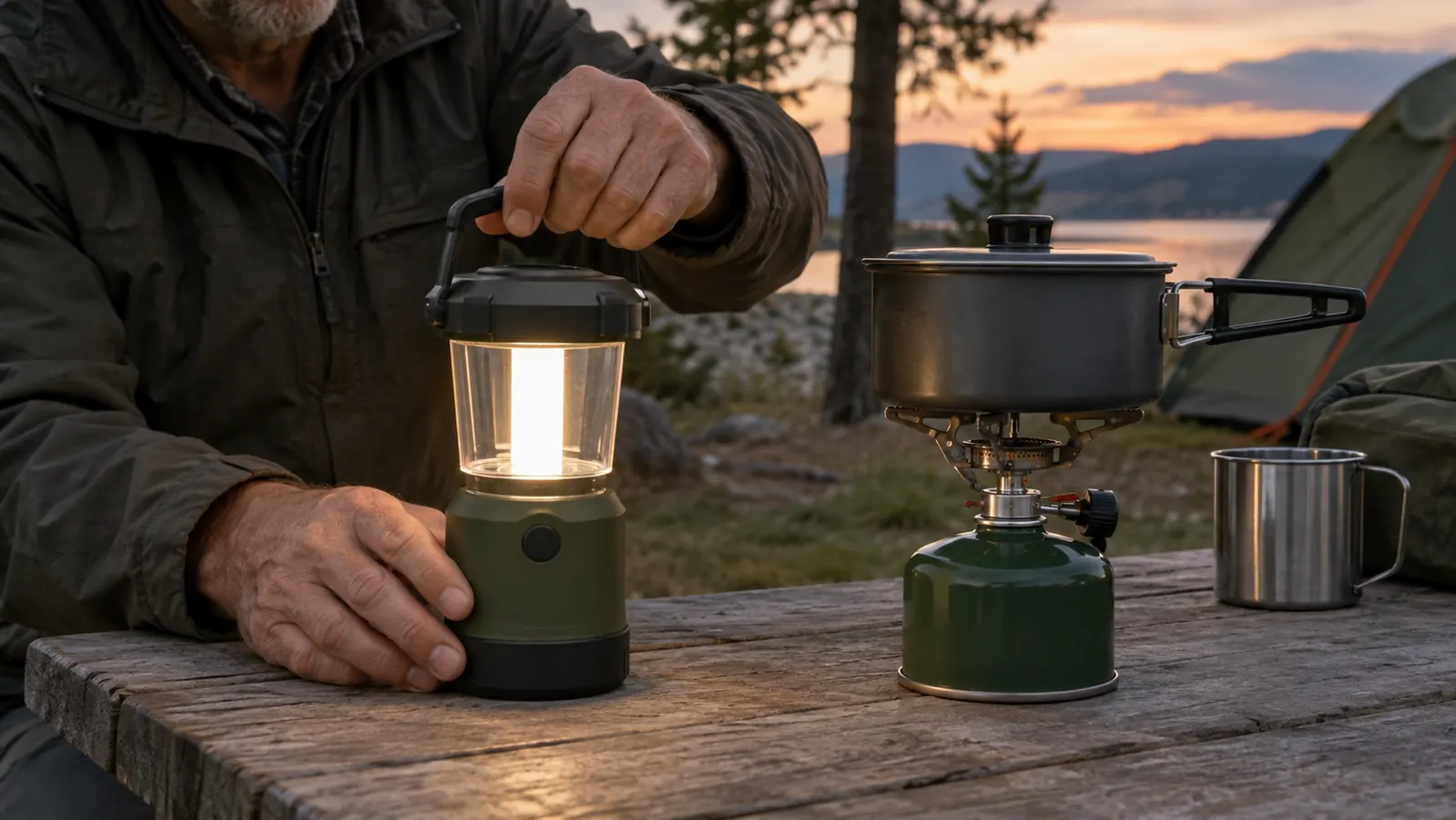 A hand placing the lantern on a picnic table next to a camp stove in the evening