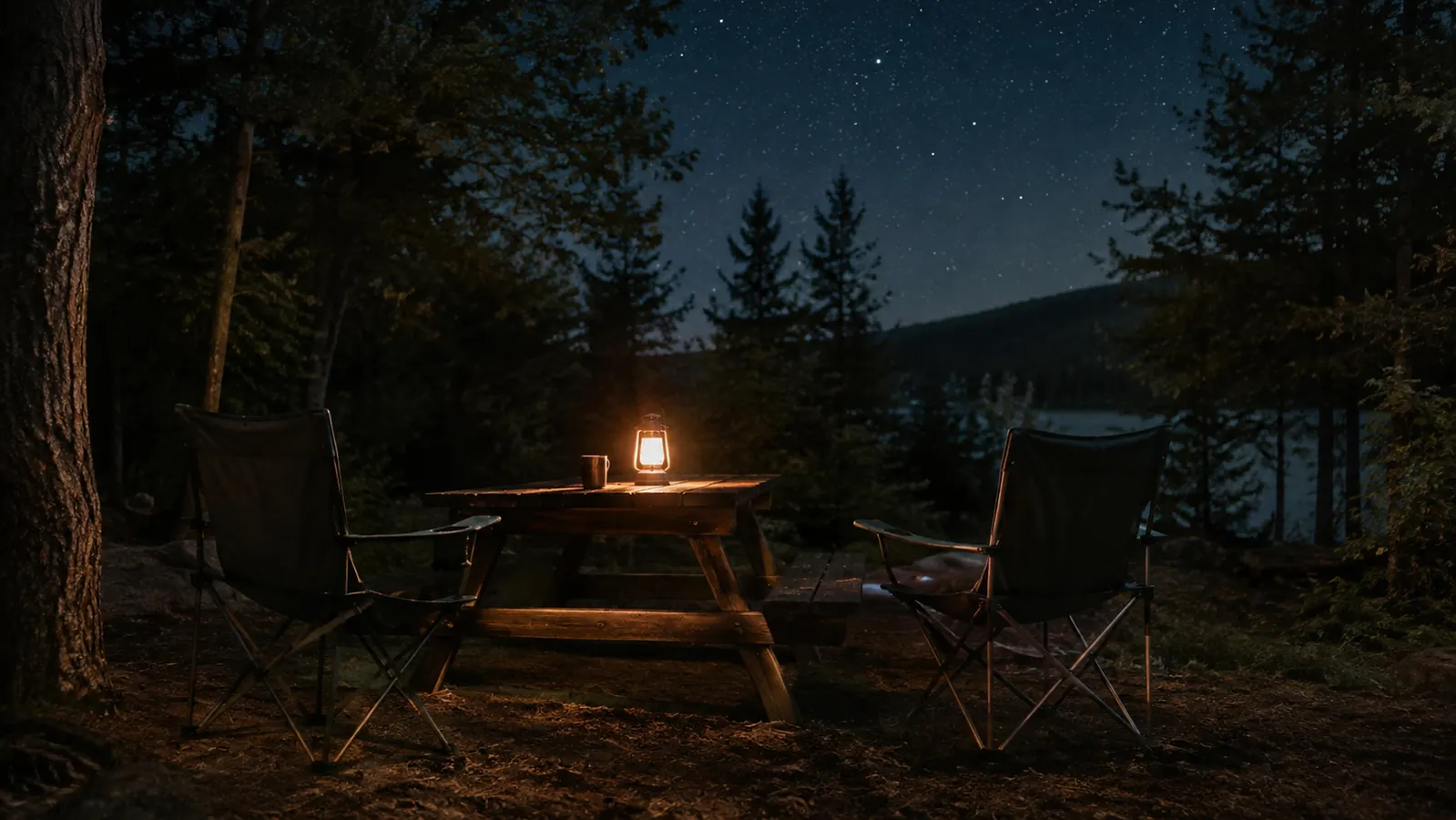 Two camp chairs by a picnic table at night with a lantern sitting on the table casting light