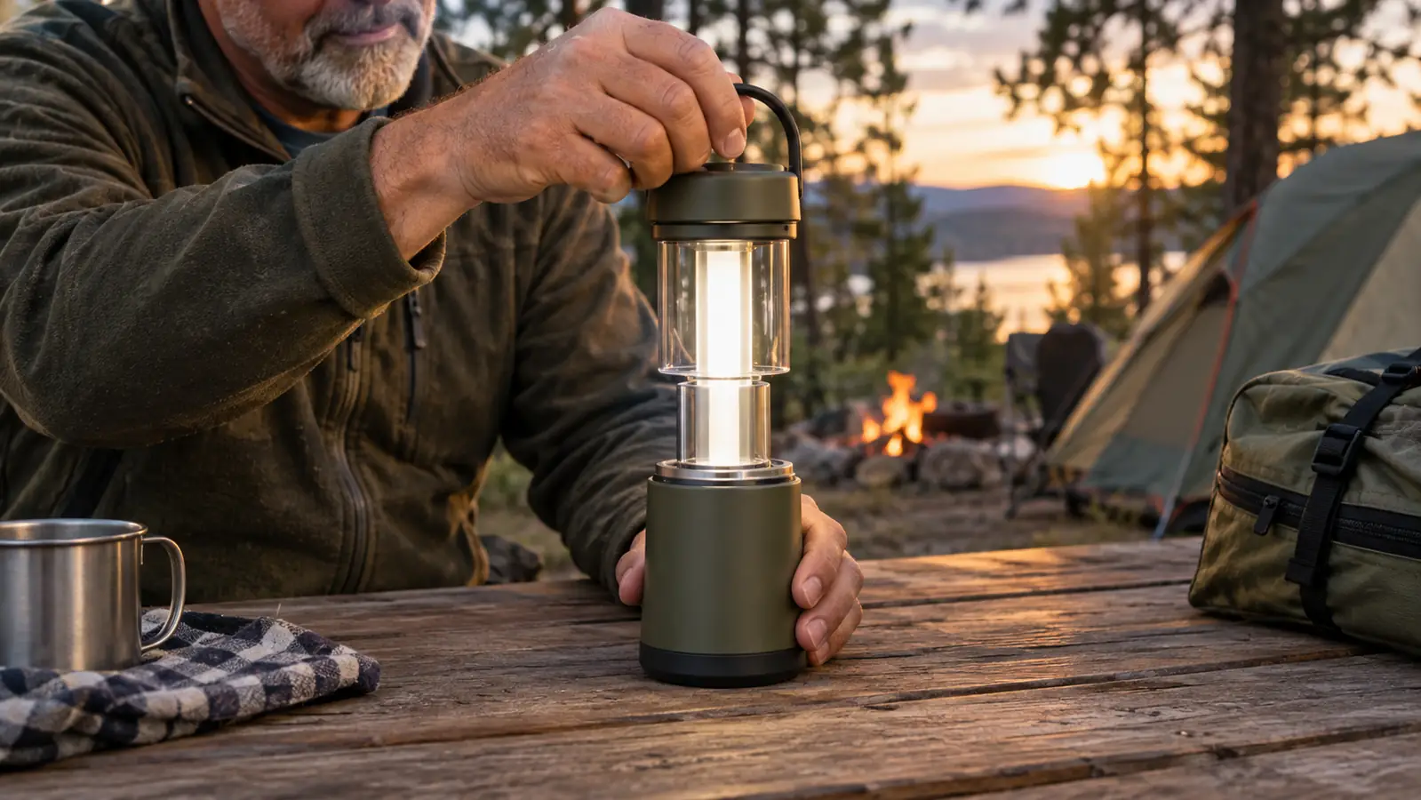 Hand raising the top of the lantern on a campsite picnic table in the evening