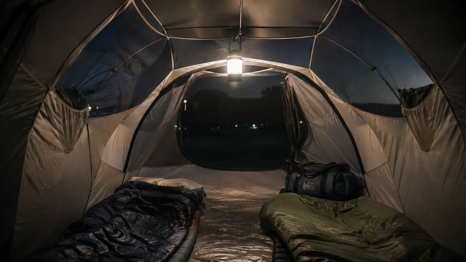 Lantern hanging from a tent ridge line at night, casting light over the tent floor