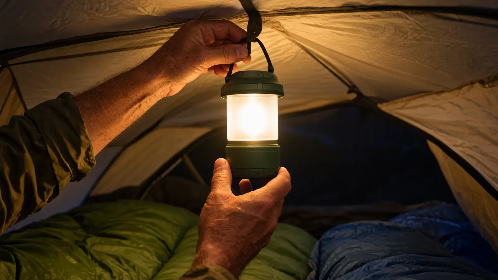 A hand hanging an LED camping lantern from a loop inside a tent at night, the lantern glow filling the tent interior