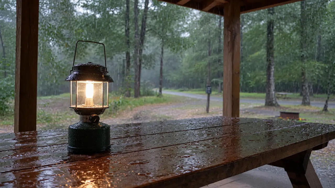 An LED camping lantern sitting on a picnic table under a covered shelter at a campground in light rain