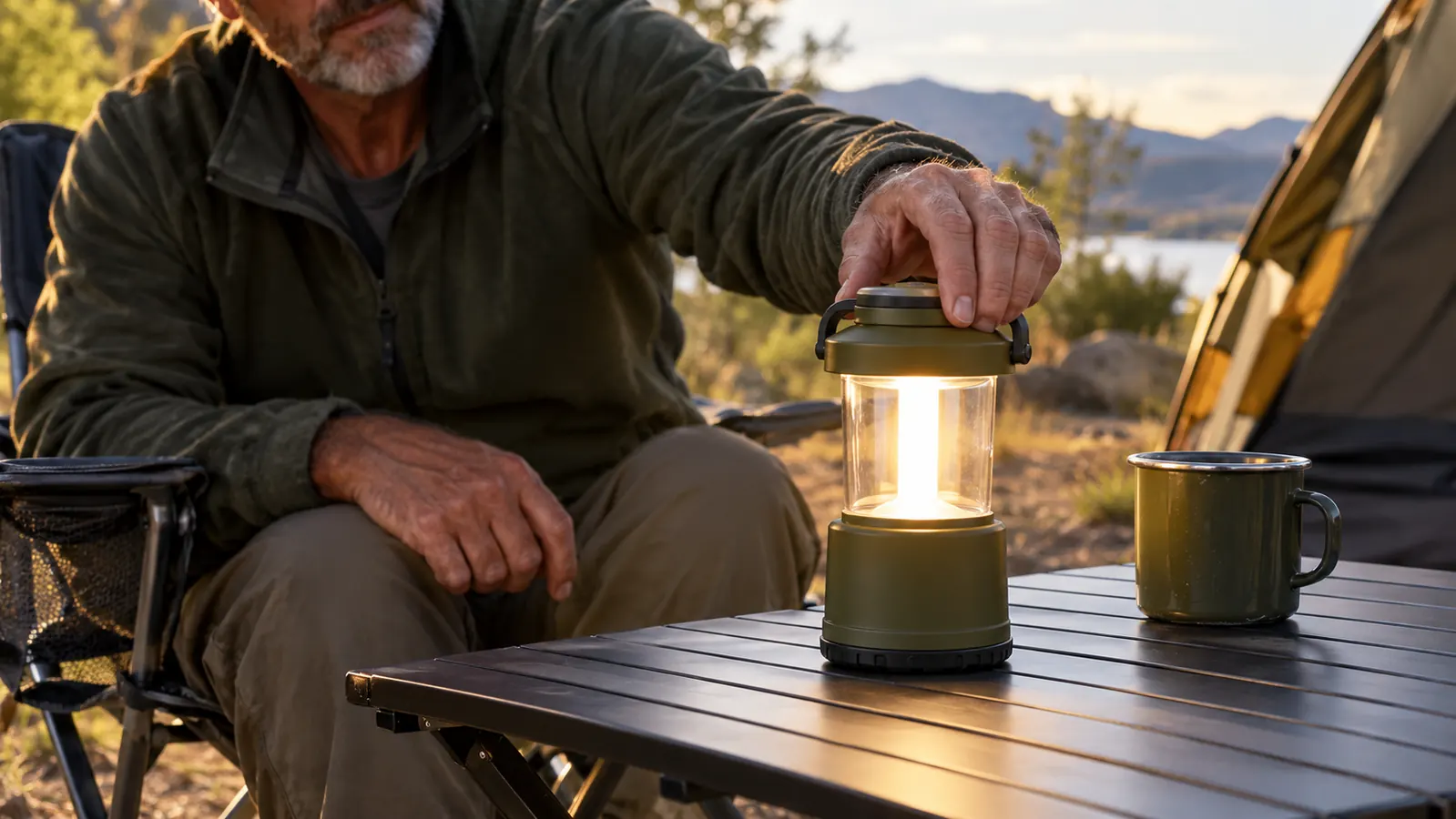 Hand reaching to turn on a lantern sitting on a camp table beside a camp chair