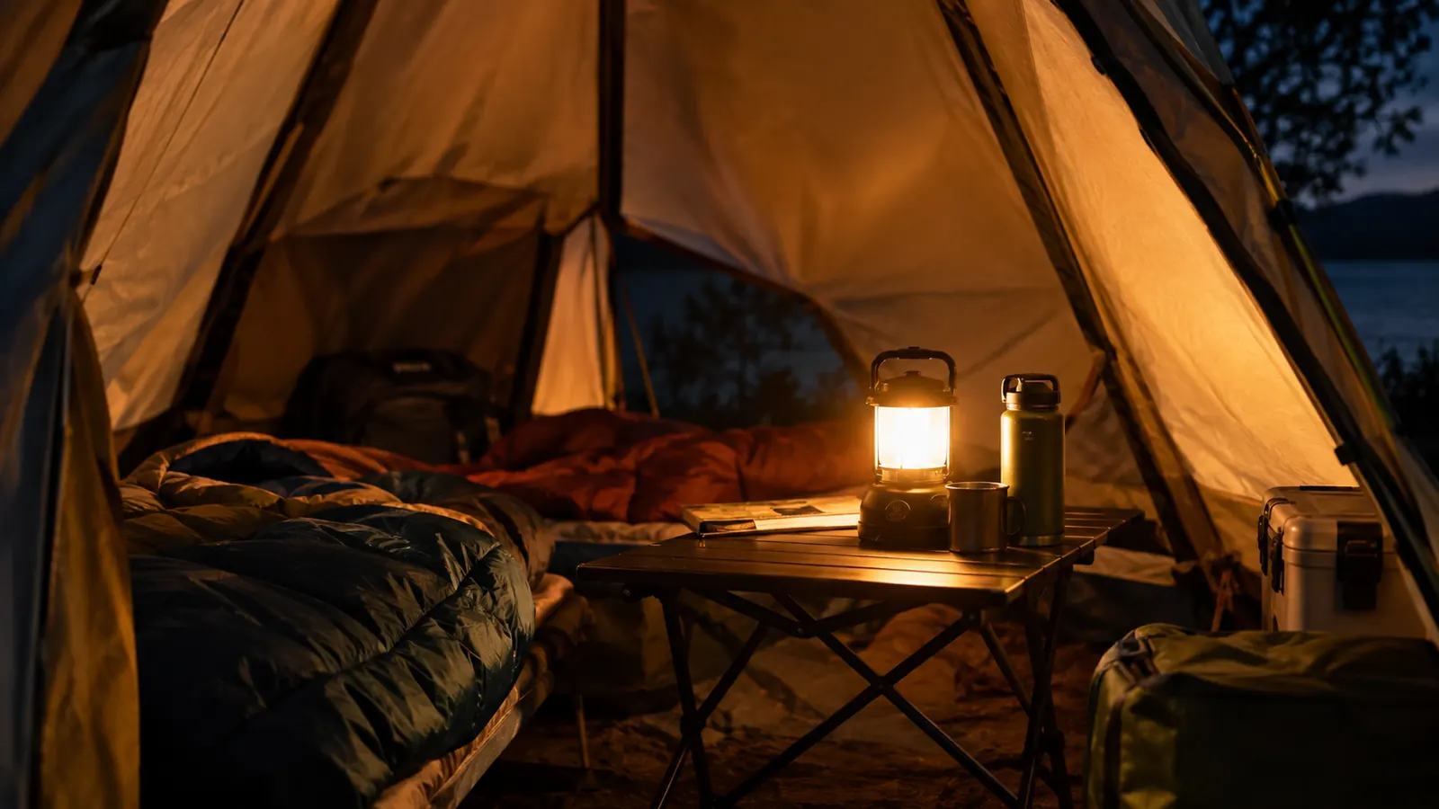 Lantern glowing on a camp table inside a tent at night, warm light on the tent walls