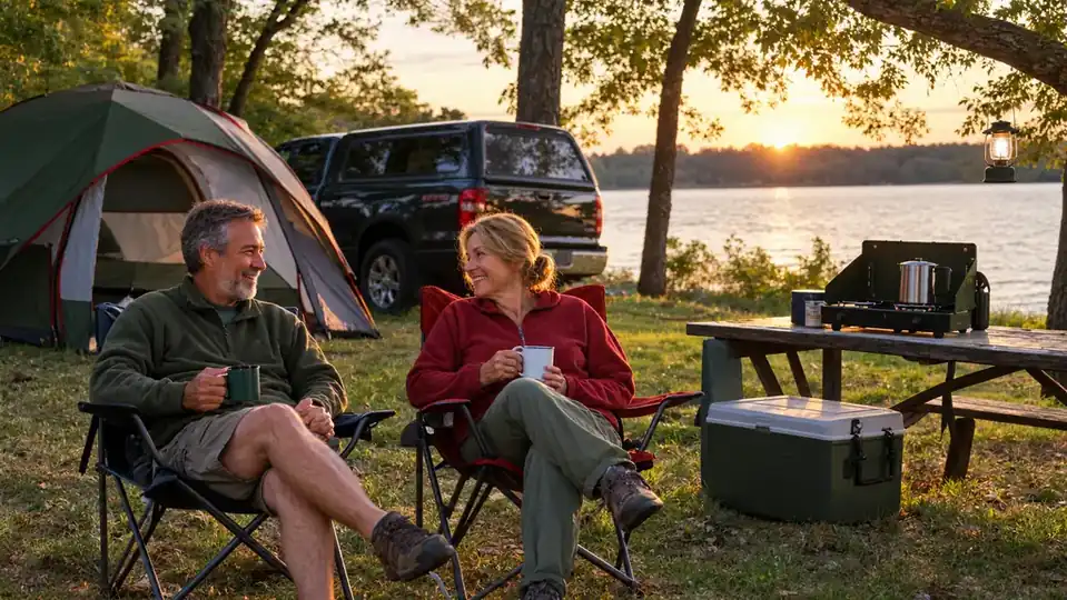 A couple in their late fifties relaxing in camp chairs at a lakeside campsite at golden hour, with a dome tent, a pickup truck, a camp stove on the picnic table and a lantern hanging from a tree