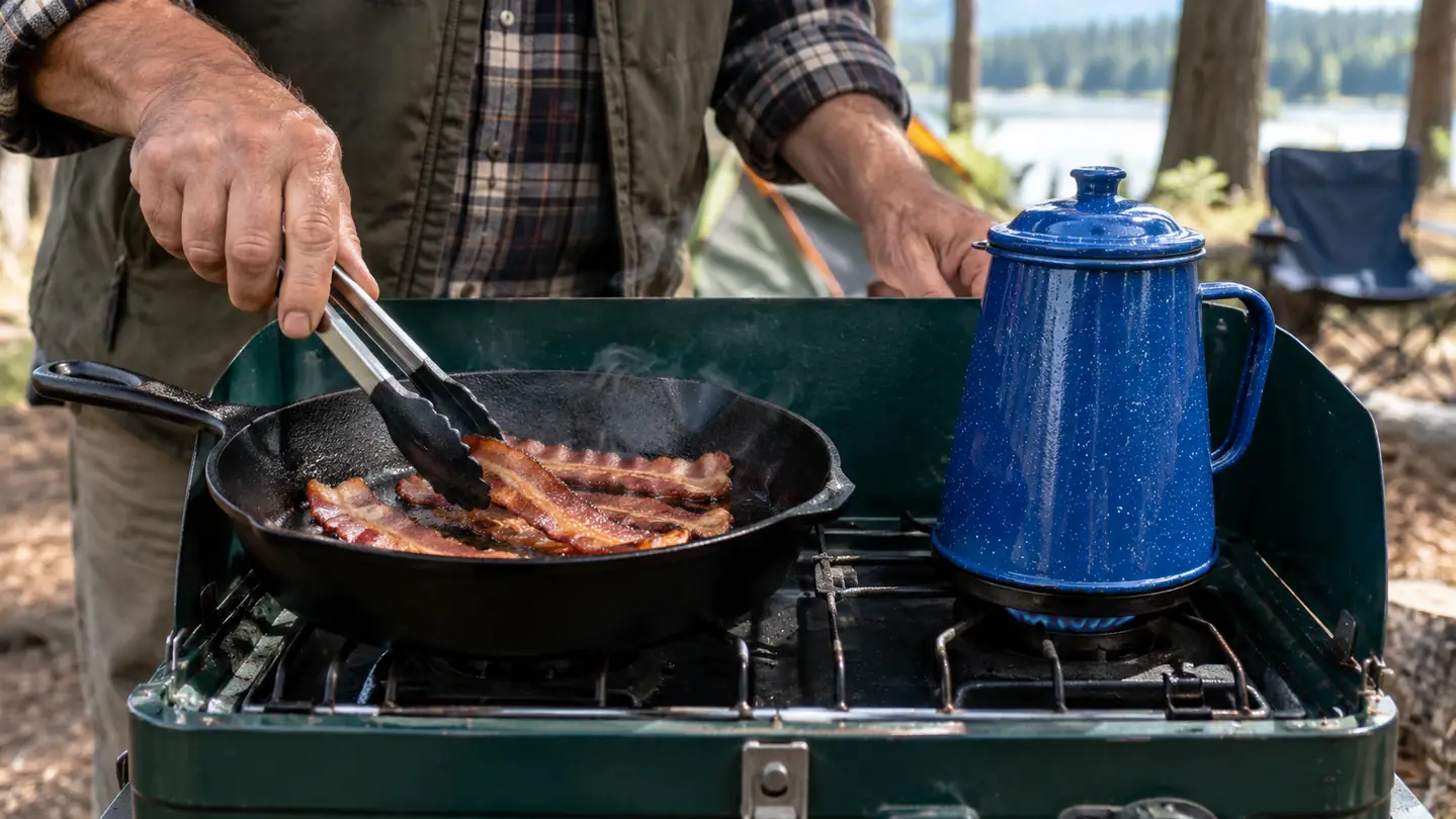 A gloved hand turning bacon in a cast iron skillet on the left burner of a camp stove while a small coffee pot heats on the right burner