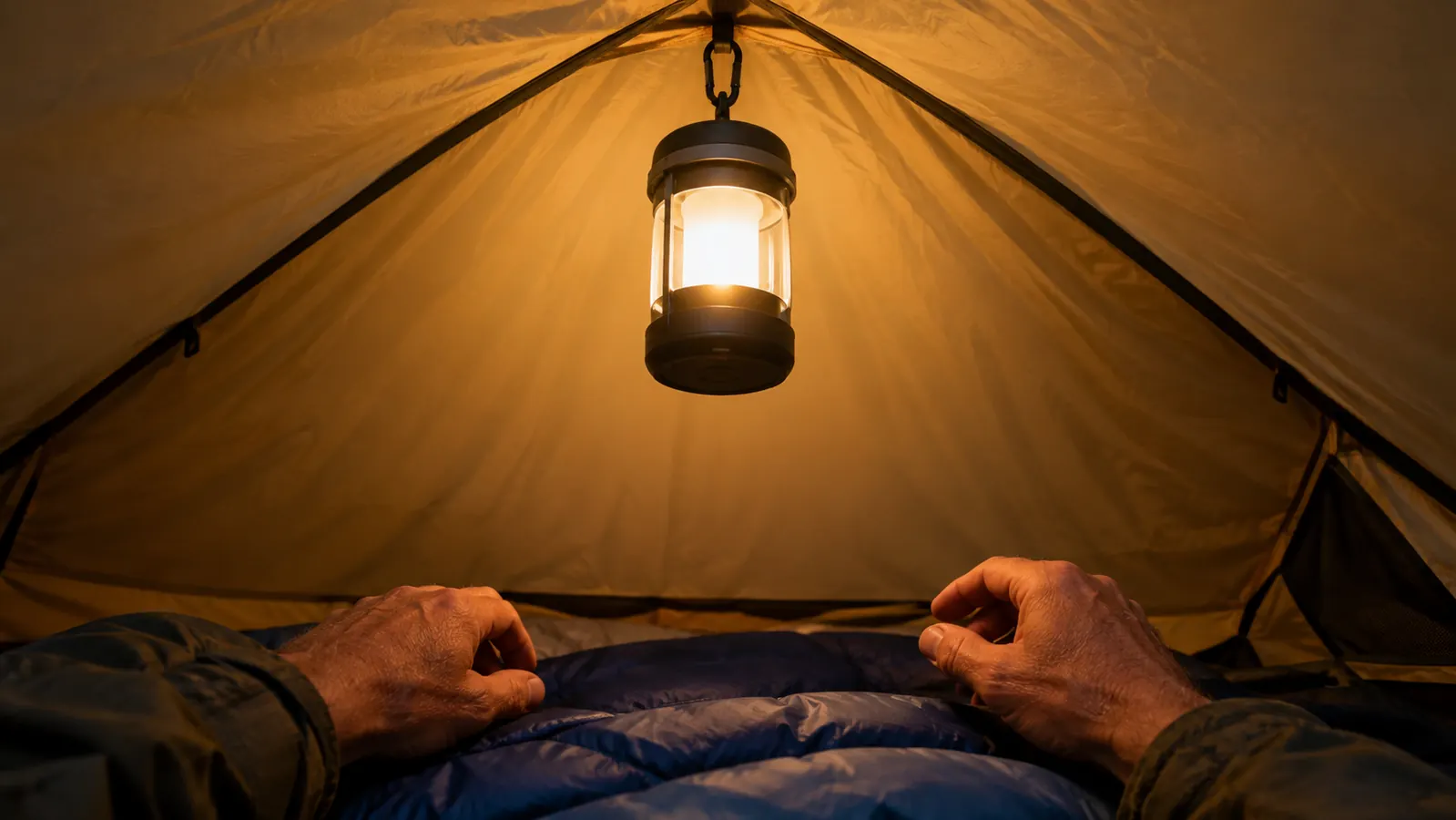 A camping lantern hanging from a loop inside a tent, lighting the interior