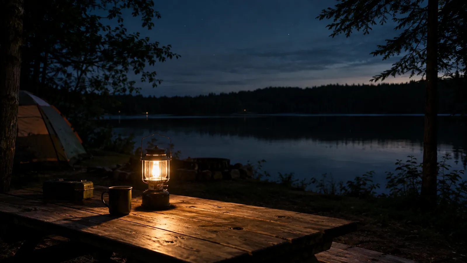 A camping lantern sitting on a picnic table at night beside a lake, light pooling on the tabletop