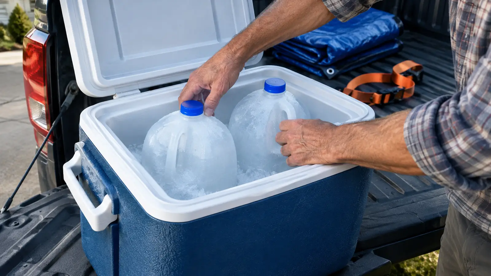 Hands packing frozen jugs of water into the cooler on a pickup tailgate before a trip