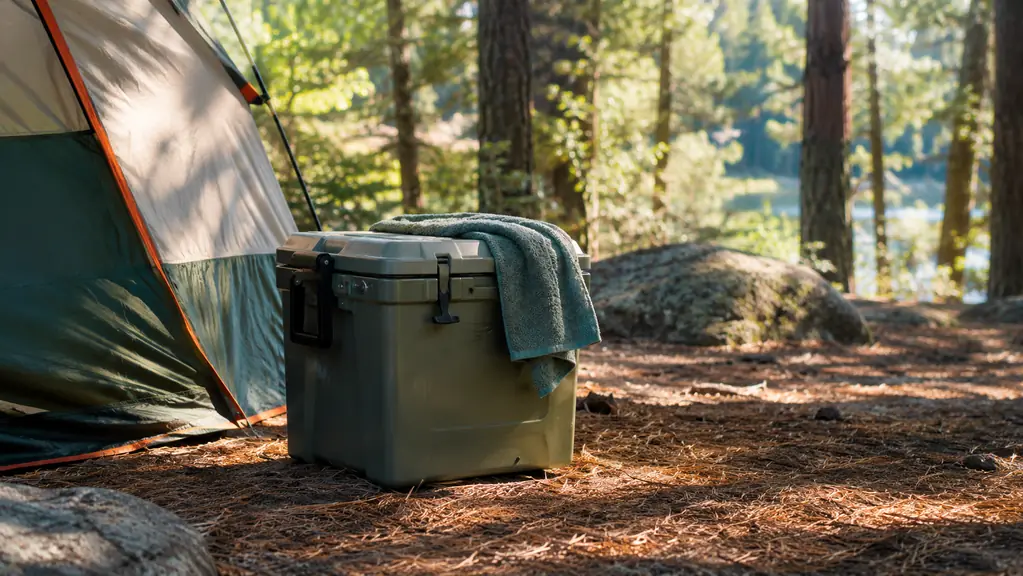 The packed cooler resting in the shade beside a tent at a forest campground, a towel over the lid