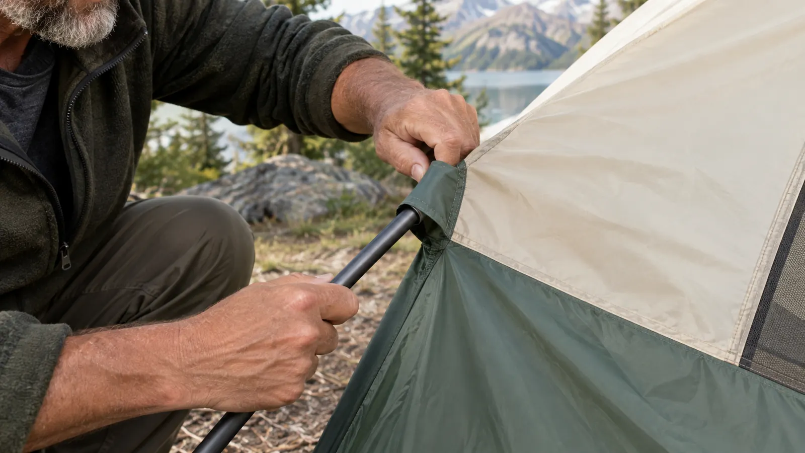 A hand holding a tent pole sleeve at the corner of a dome tent while a second person works on the opposite corner
