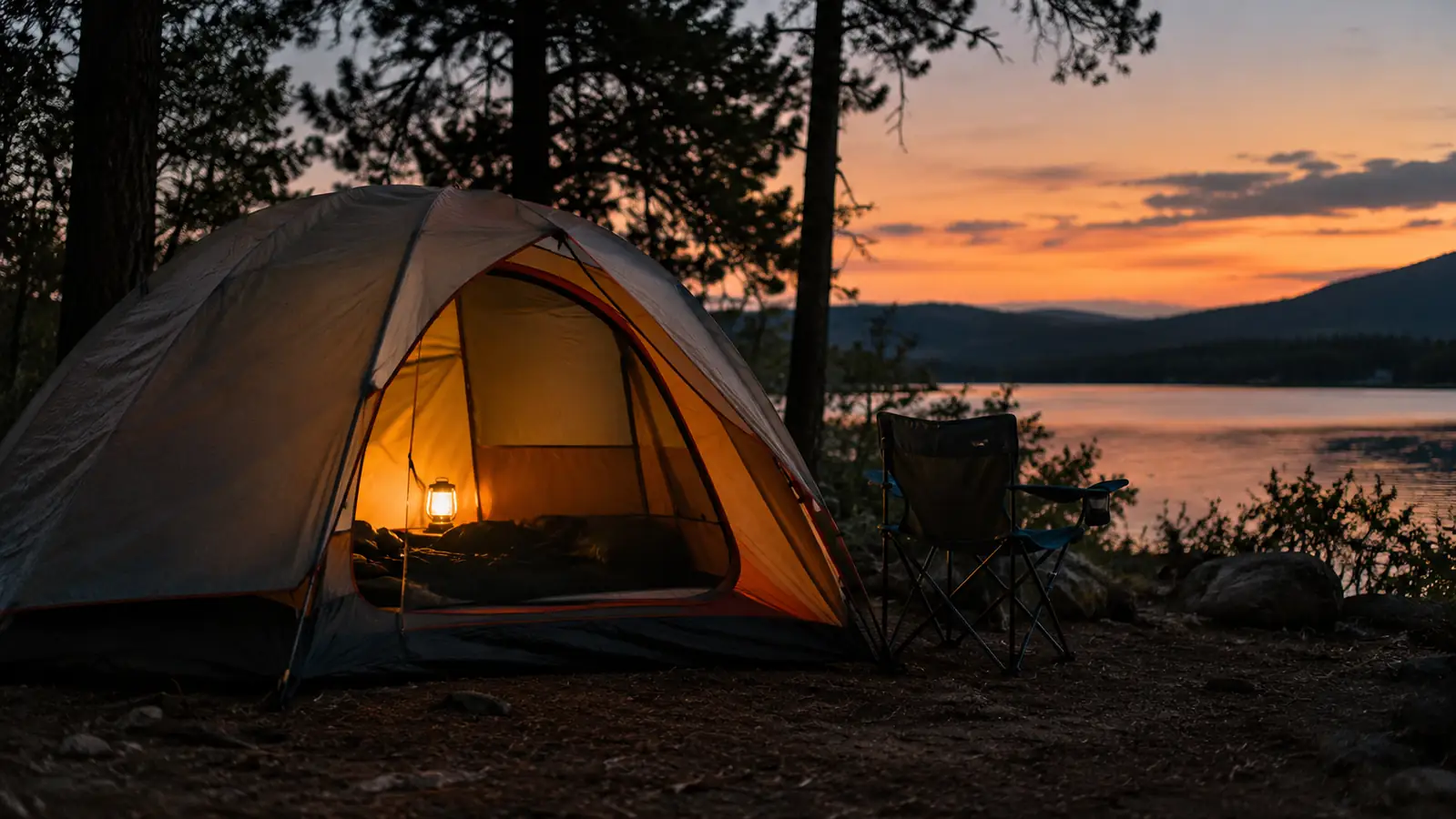 A dome tent on a campsite at dusk with a lantern glowing inside and a camp chair beside the door