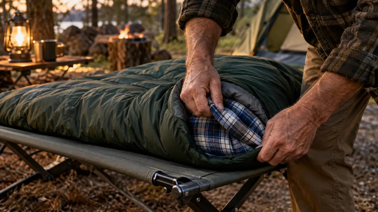A hand tucking a flannel sleeping bag liner into the foot of a sleeping bag on a camp cot